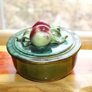 5 1/4" Wade Of California Pottery Green Drip Glaze Apple Covered Lid Dish #202